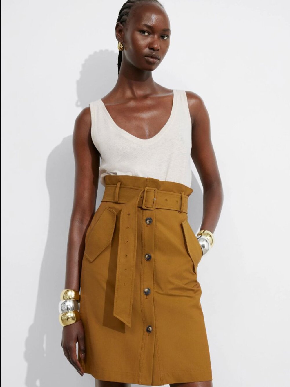 & Other Stories Stockholm Atelier Mustard Paperbag Belted Midi Skirt (Size 6)